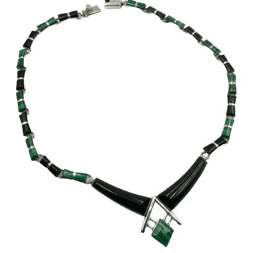 Vintage Mexican Onyx and Malachite Silver Necklace Circa 1980s