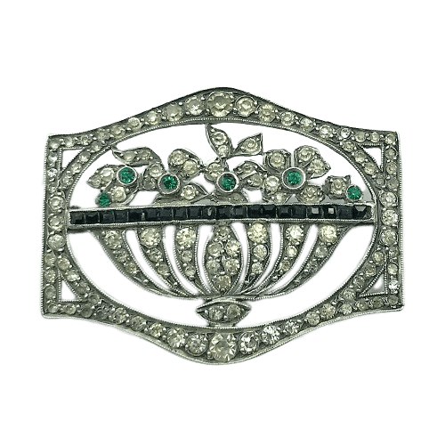 French Art Deco Silver and Paste Basket Brooch Circa 1920s