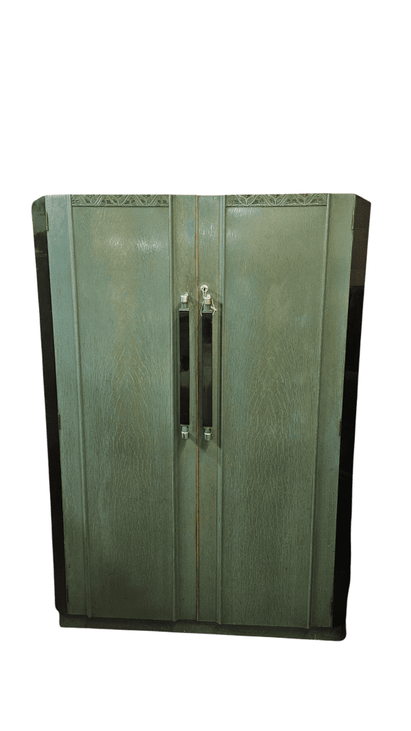 Rare Art Deco Green Painted Wardrobe with Black Acrylic panels