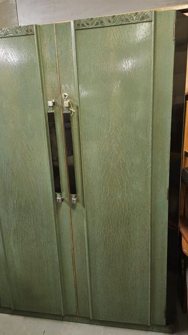 Rare Art Deco Green Painted Wardrobe with Black Acrylic panels