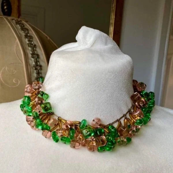 French Couture Pink and Green Gripoix, Pate de Verre, Glass Collar Necklace - Image 6