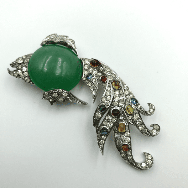 Silver and Jade Glass Cabochon Fish Brooch - Image 2