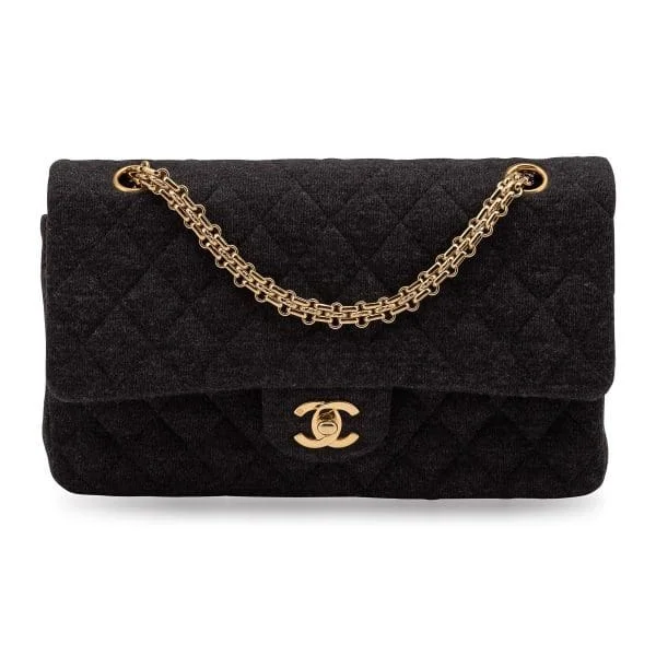 A Chanel double flap bag in charcoal grey fabric