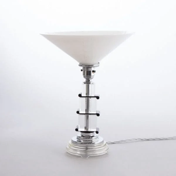 Art Deco Table Lamp On Stepped Glass Base with original Opal Glass Coolie Shade - Image 3