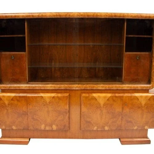 Art Deco Figured Walnut Wall Unit Bookcase Display Cabinet
