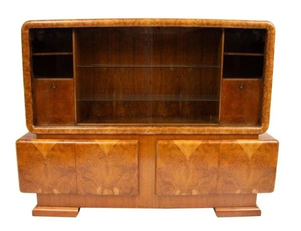Art Deco Figured Walnut Wall Unit Bookcase Display Cabinet