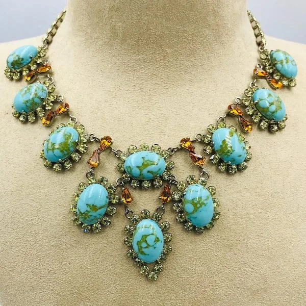 Vintage French Turquoise Citrine and Topaz Paste Bib Necklace Circa 1950s - Image 3