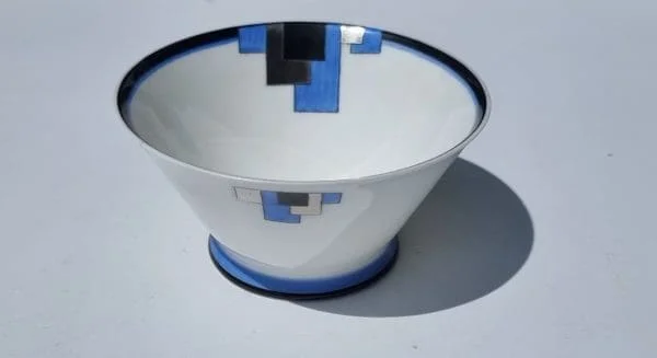 Shelley Art Deco Bowl from a Coffee Set with the Vogue Blue Block Design on an Eve Shape