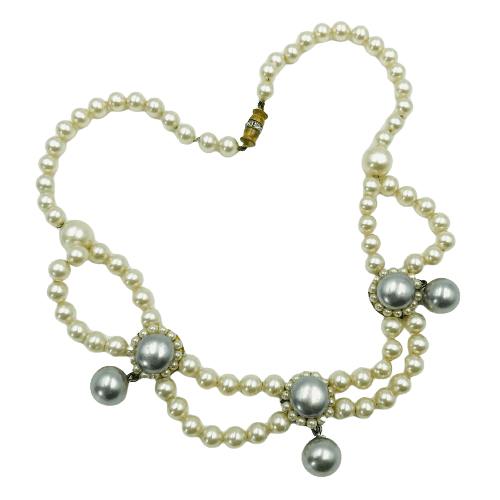 Vintage Louis Rousselet Cream and Grey Glass Pearl Necklace Circa 1940s