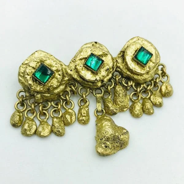 Vintage French Henry Perichon Emerald Glass Triple Drop Brooch - Image 2