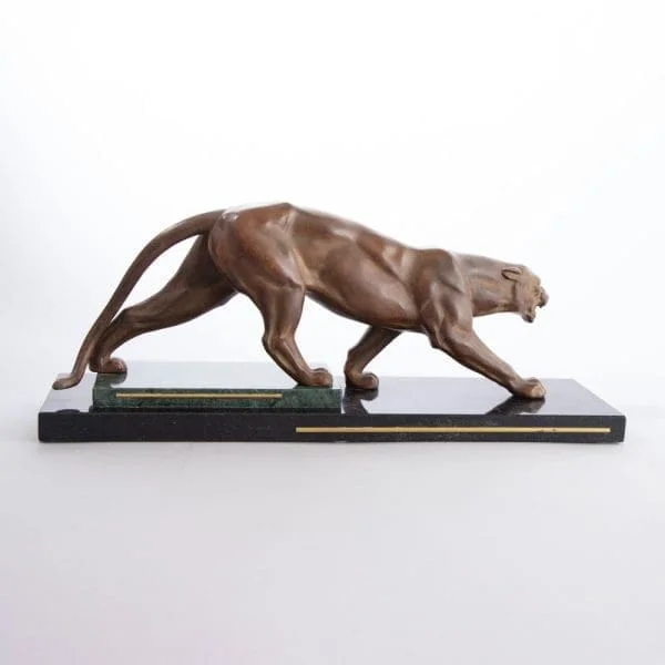 Art Deco Patinated Bronzed Muscular Panther on a Stepped Marble Base with Brass Trims - Image 9