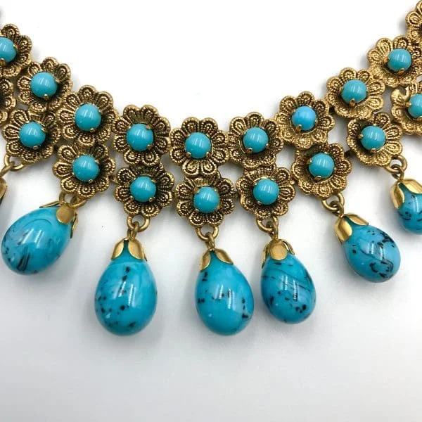 Vintage French Turquoise Poured Glass Drop Necklace - Image 6