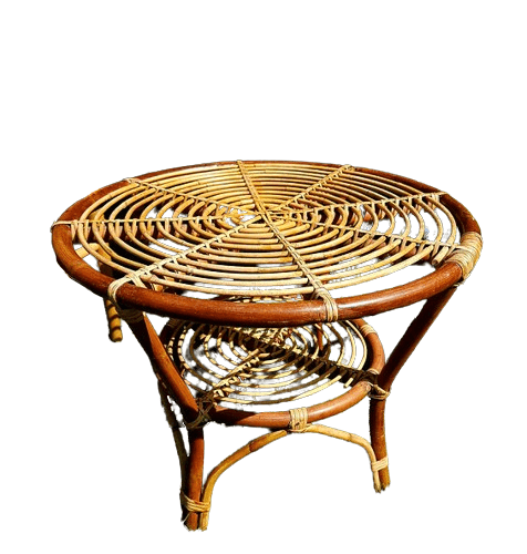 Midcentury Two-Tiered Circular Bamboo & Wicker Side Table