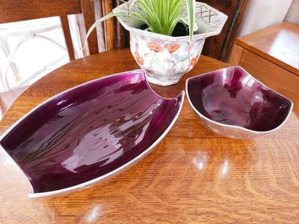 Unusual Duo of Aubergine Purple Enamel & Chrome Serving Dishes - Image 2