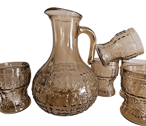 Italian Smoked and Embossed Glass Water Jug with Five Glasses