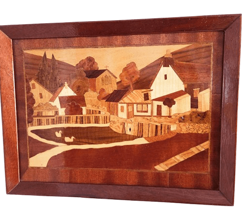 Wood-Framed Marquetry Artwork of Worth Matravers Dorset