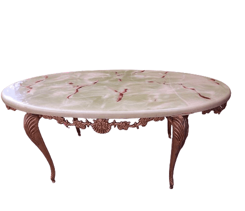 Regency Style Green Jade Onyx Marble Effect Oval Coffee Table with Gold Legs