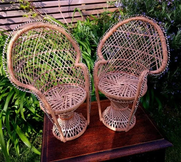 Pair of Miniature Wicker Peacock Chairs for Dolls - Image 2