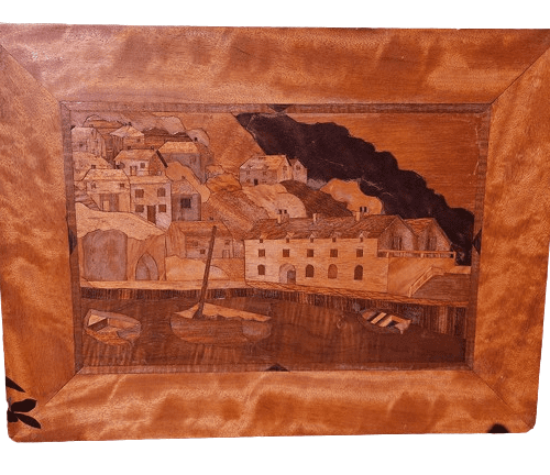 Unusual Marquetry Picture of Harbour-Side Scene