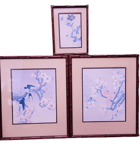 Trio of Pretty Oriental Prints from 1980s in Bamboo Style Frames