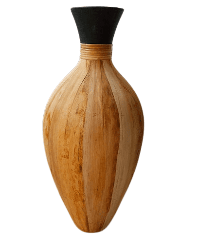 Extraordinary Large Floor Vase in Black Ceramic and Bamboo