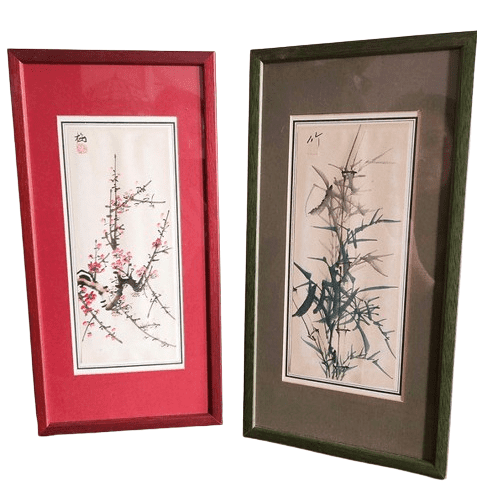 Pair of Pretty Japanese Watercolours Pink Cherry Blossom & Green Bamboo