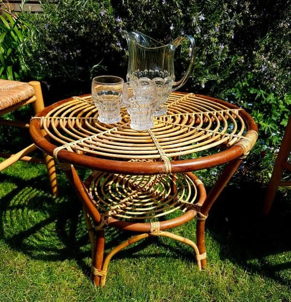 Midcentury Two-Tiered Circular Bamboo & Wicker Side Table - Image 5