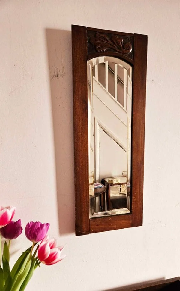 Antique narrow hall mirror with bevelled glass and carved oak frame - Image 3