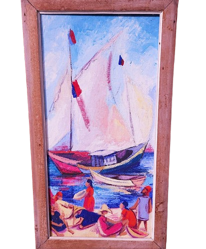 Nautical Wood-Framed Oil on Canvas of Quayside Scene with Sailing Boats