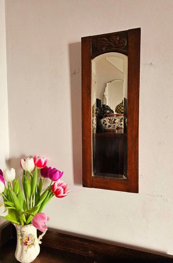 Antique narrow hall mirror with bevelled glass and carved oak frame - Image 2