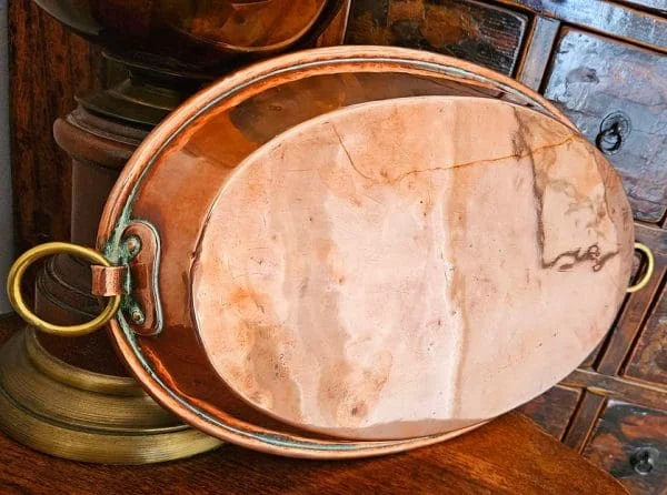 Large French Copper Gratin Dish with Brass Ring Handles - Image 4