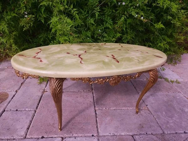 Regency Style Green Jade Onyx Marble Effect Oval Coffee Table with Gold Legs - Image 4