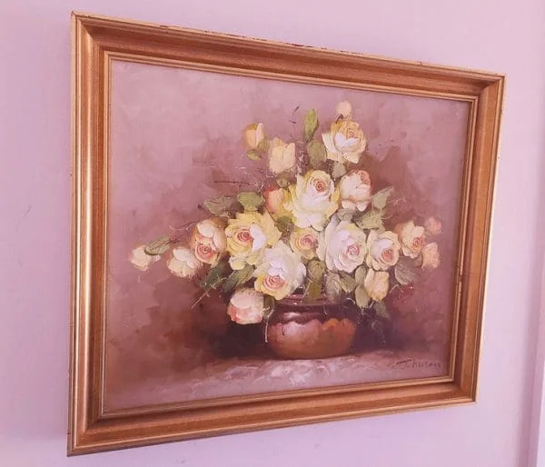 Large Framed Floral Oil on Canvas of Yellow Roses Signed by Artist C.Johnson - Image 3