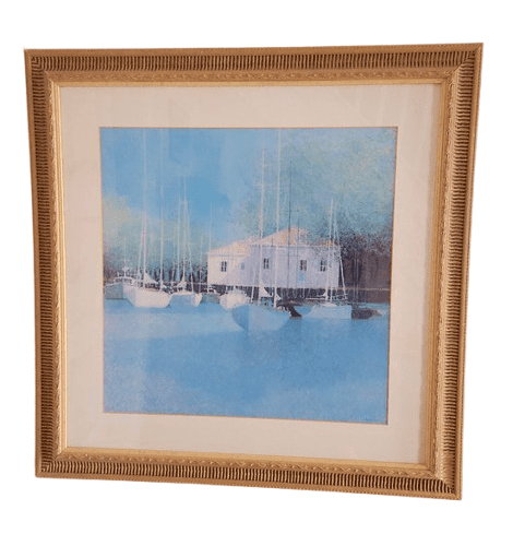 Very Large Framed Print of Harbour Scene by Renowned French Artist André Bourrié