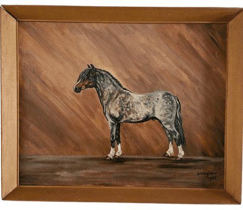 Large Mid-Century Oil on Canvas of Dappled Roan Bay Stallion Dated 1967