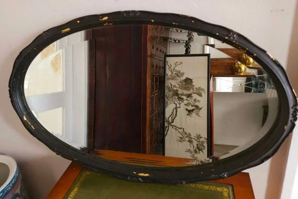 Unusual Oval Bevelled Vintage Mirror with Ornate Black Painted Surround - Image 2