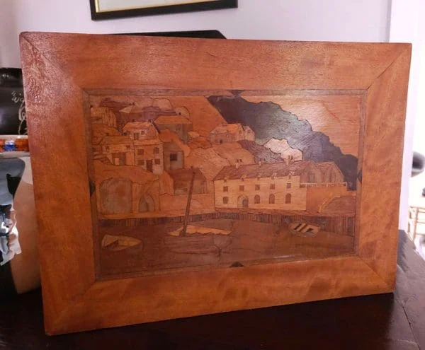 Unusual Marquetry Picture of Harbour-Side Scene - Image 2