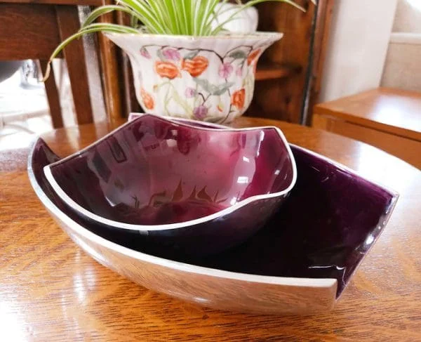 Unusual Duo of Aubergine Purple Enamel & Chrome Serving Dishes - Image 3