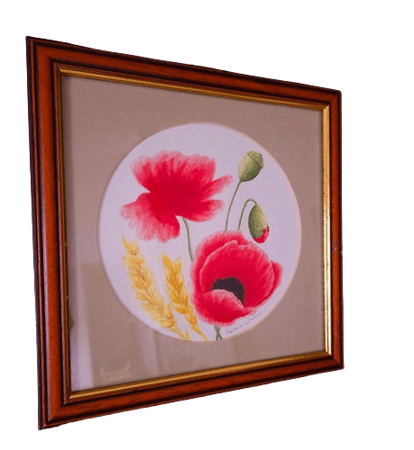 Small Wood-Framed Watercolour of Poppies by Cornish Artist Rowena Varley