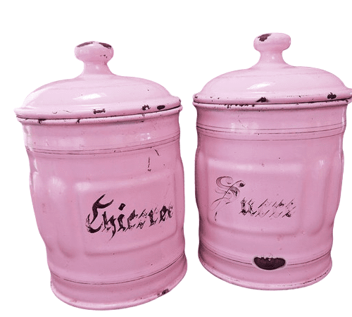 Pair of French Art Deco Enamel Storage Canisters in Pastel Pink