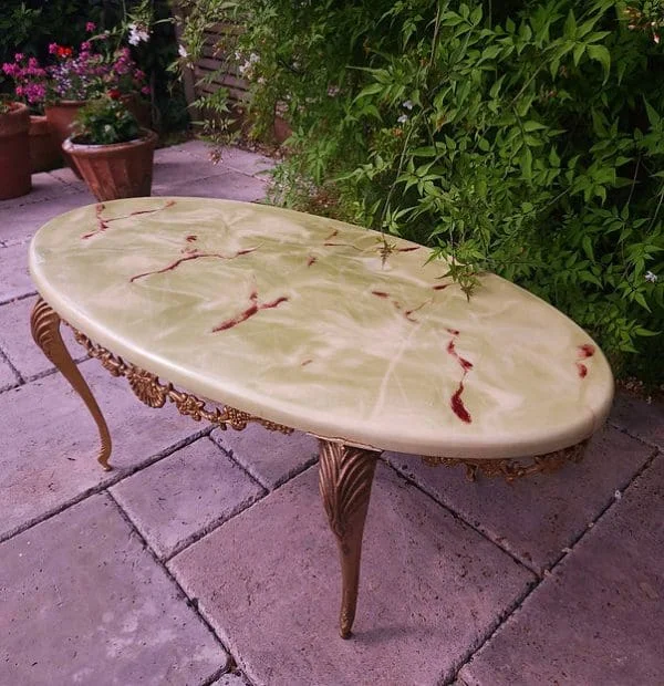 Regency Style Green Jade Onyx Marble Effect Oval Coffee Table with Gold Legs - Image 5