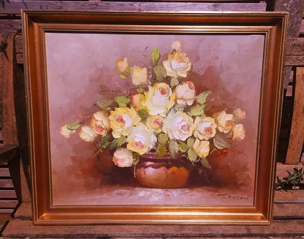 Large Framed Floral Oil on Canvas of Yellow Roses Signed by Artist C.Johnson - Image 2