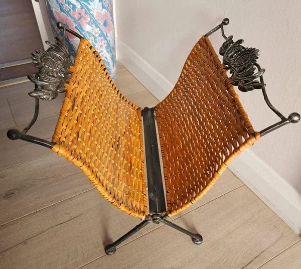 Mid-Century Rattan & Metal Folding Magazine Rack