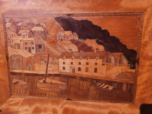 Unusual Marquetry Picture of Harbour-Side Scene - Image 3