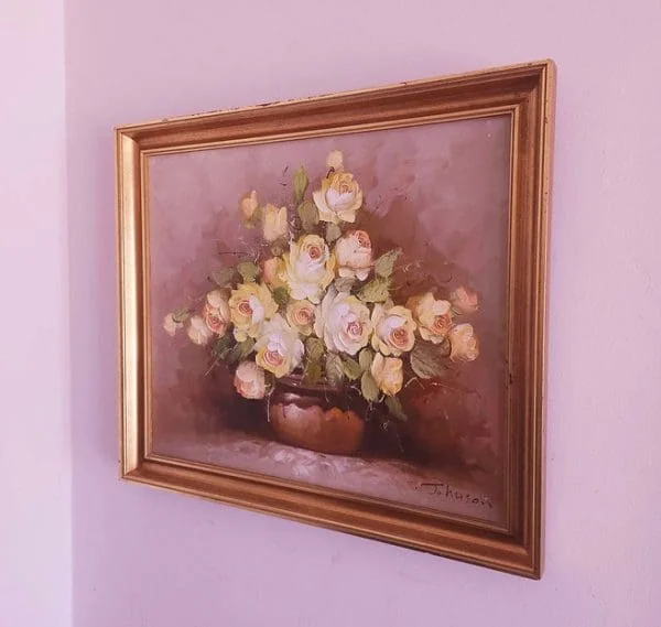 Large Framed Floral Oil on Canvas of Yellow Roses Signed by Artist C.Johnson - Image 4