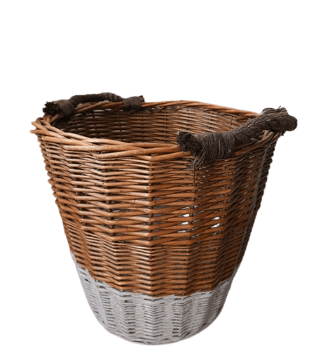 Tall Rustic Log Basket with Grey Base and Rope Handles