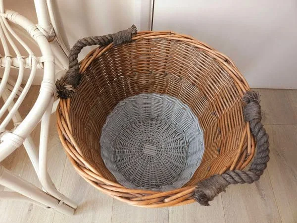 Tall Rustic Log Basket with Grey Base and Rope Handles - Image 5