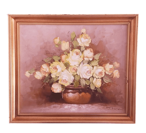 Large Framed Floral Oil on Canvas of Yellow Roses Signed by Artist C.Johnson