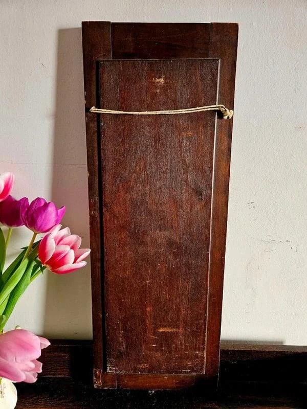 Antique narrow hall mirror with bevelled glass and carved oak frame - Image 6