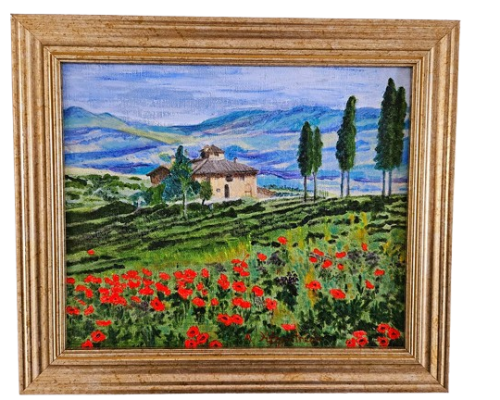 'Among the Tuscan Hills' Painting in Acrylic on Board in Gold Frame